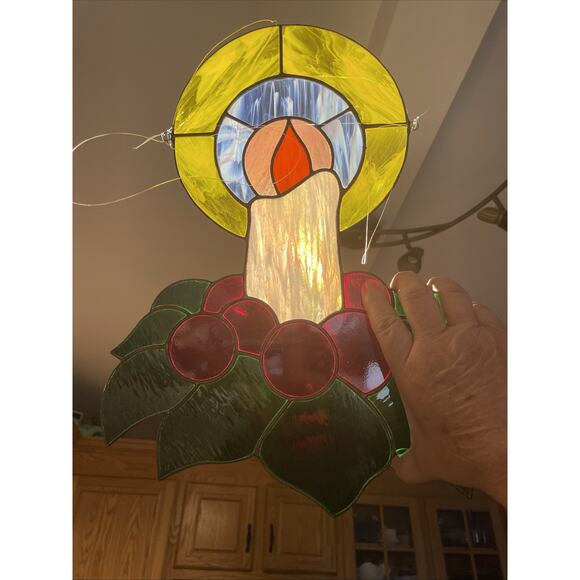 Vintage Stained Glass Christmas Window Leaded  Light Catcher Candle Large 16” - Picture 8 of 8